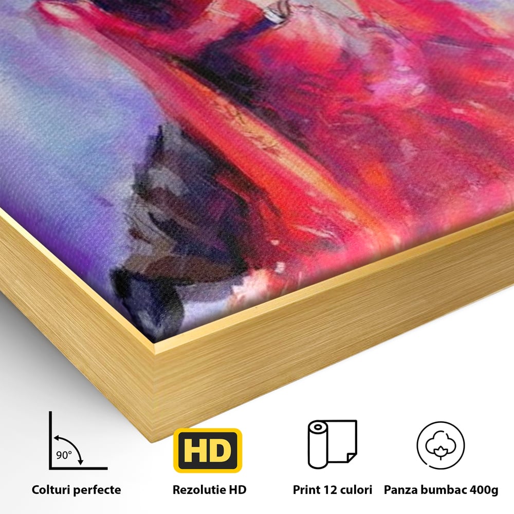 Detaliu al suprafetei: tablou canvas cu o pereche dansand, in rama de aluminiu auriu